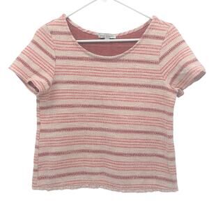Green Envelope Pink Striped Short Sleeve T Shirt Raw Hem Round Neckline BOHO M‎